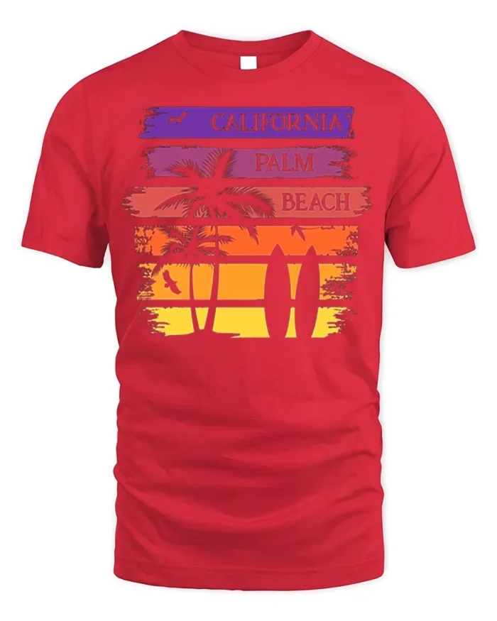 California Palm Beach Sunset Surf Graphic T-shirt - red t-shirt on white background