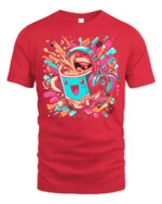 Funky Coffee Cup Headphones Music Graphic T-shirt - red t-shirt on white background