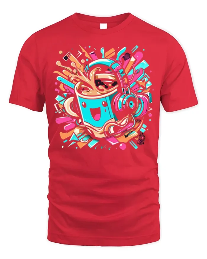 Funky Coffee Cup Headphones Music Graphic T-shirt - red t-shirt on white background