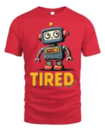 Funny Tired Robot Retro Cartoon Graphic T-shirt - red t-shirt on white background