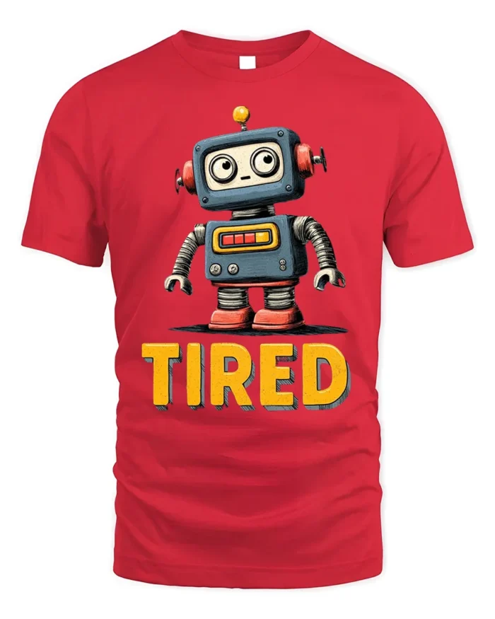 Funny Tired Robot Retro Cartoon Graphic T-shirt - red t-shirt on white background