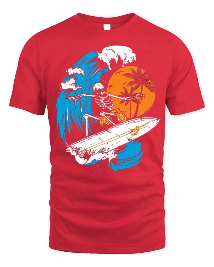 Skeleton Surfing Big Wave Sunset Graphic T-shirt - red t-shirt on white background