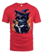 Mystical Wizard Cat Magic Book Graphic T-shirt - red t-shirt on white background