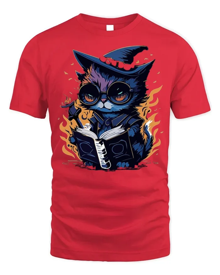 Mystical Wizard Cat Magic Book Graphic T-shirt - red t-shirt on white background