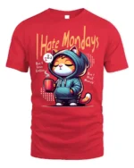 I Hate Mondays Funny Cat Coffee Graphic T-shirt - red t-shirt on white background