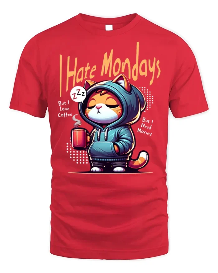 I Hate Mondays Funny Cat Coffee Graphic T-shirt - red t-shirt on white background