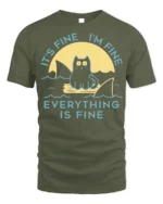 Funny Cat Everything Is Fine Graphic T-shirt - military green t-shirt on white background