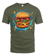 Juicy Burger Foodie Graphic Print Black T-shirt - military green t-shirt on white background