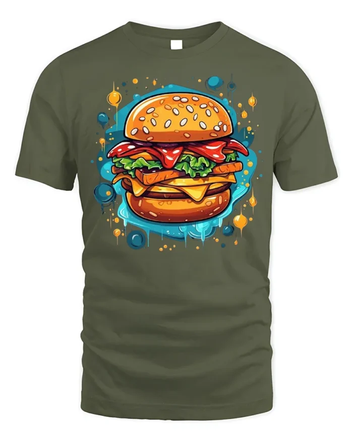 Juicy Burger Foodie Graphic Print Black T-shirt - military green t-shirt on white background