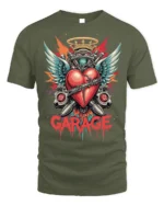 Garage Heart Wings Crown Engine Graphic T-shirt - military green t-shirt on white background