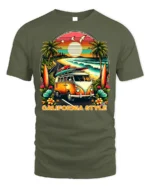 California Style Surf Van Sunset Graphic T-shirt - military green t-shirt on white background