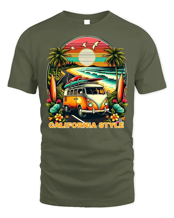 California Style Surf Van Sunset Graphic T-shirt - military green t-shirt on white background