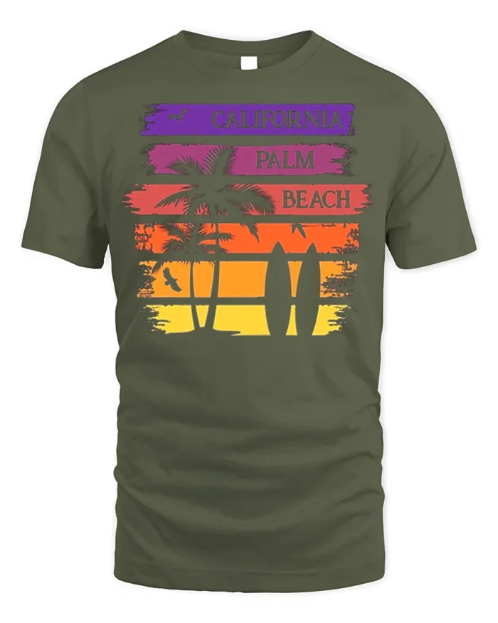 California Palm Beach Sunset Surf Graphic T-shirt - military green t-shirt on white background
