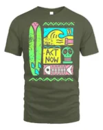 Retro Surf Act Now Graphic Ocean Style T-shirt - military green t-shirt on white background