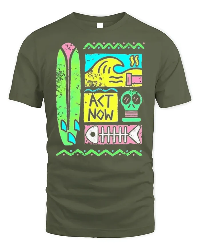 Retro Surf Act Now Graphic Ocean Style T-shirt - military green t-shirt on white background