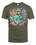 Funky Coffee Cup Headphones Music Graphic T-shirt - military green t-shirt on white background