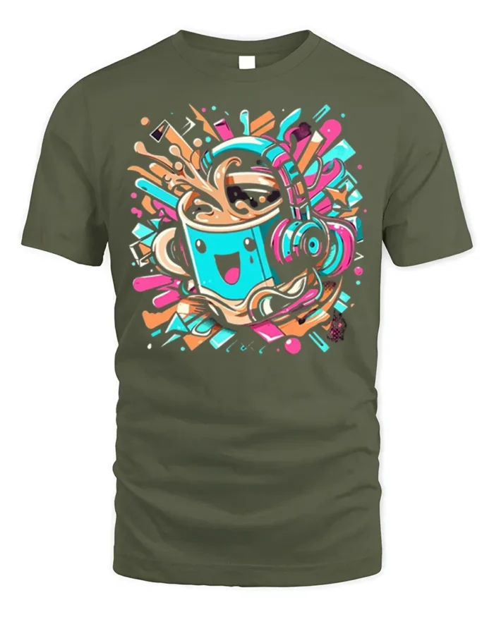 Funky Coffee Cup Headphones Music Graphic T-shirt - military green t-shirt on white background