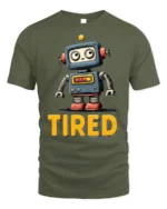 Funny Tired Robot Retro Cartoon Graphic T-shirt - military green t-shirt on white background