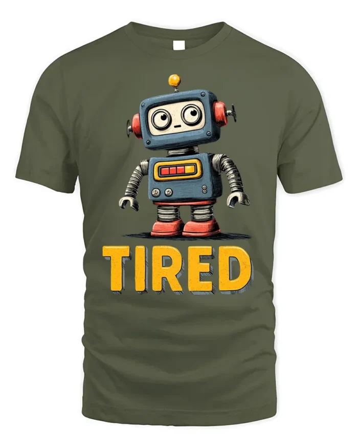 Funny Tired Robot Retro Cartoon Graphic T-shirt - military green t-shirt on white background