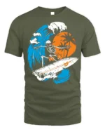 Skeleton Surfing Big Wave Sunset Graphic T-shirt - military green t-shirt on white background