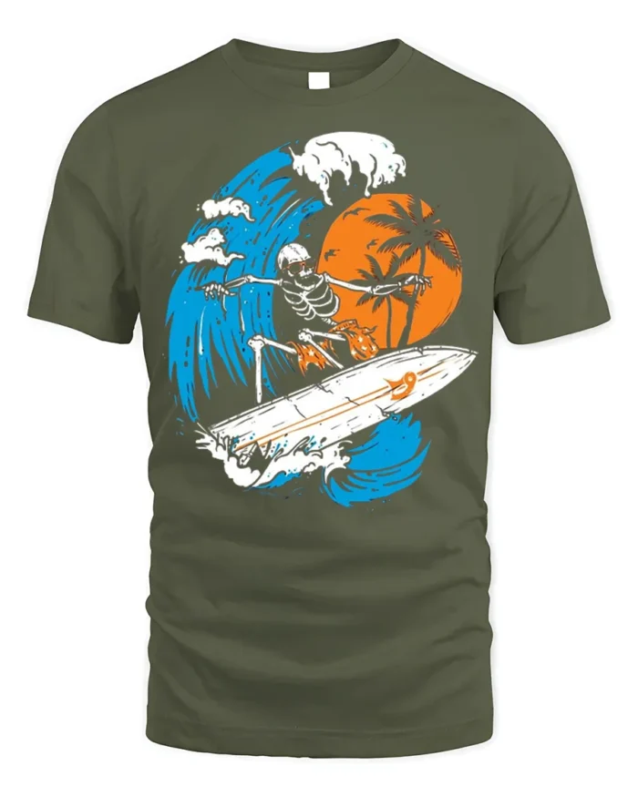 Skeleton Surfing Big Wave Sunset Graphic T-shirt - military green t-shirt on white background