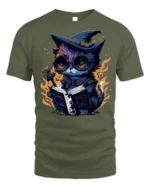 Mystical Wizard Cat Magic Book Graphic T-shirt - military green t-shirt on white background