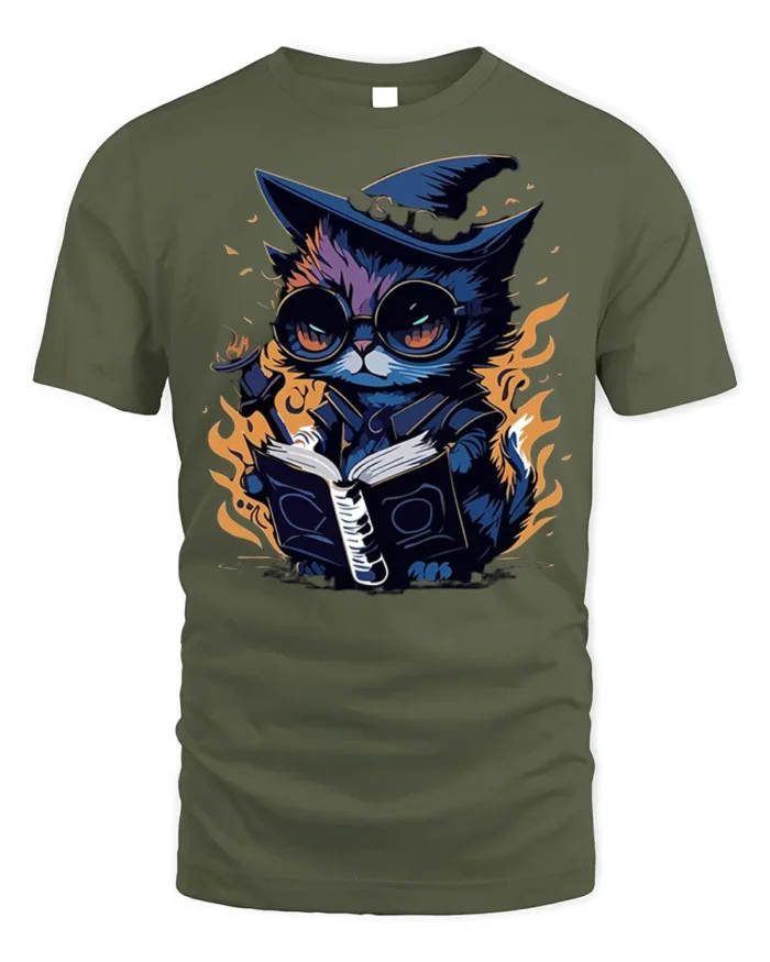 Mystical Wizard Cat Magic Book Graphic T-shirt - military green t-shirt on white background