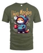 I Hate Mondays Funny Cat Coffee Graphic T-shirt - military green t-shirt on white background