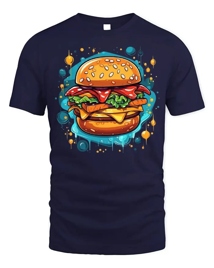 Juicy Burger Foodie Graphic Print Black T-shirt - navy t-shirt on white background