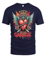 Garage Heart Wings Crown Engine Graphic T-shirt - navy t-shirt on white background