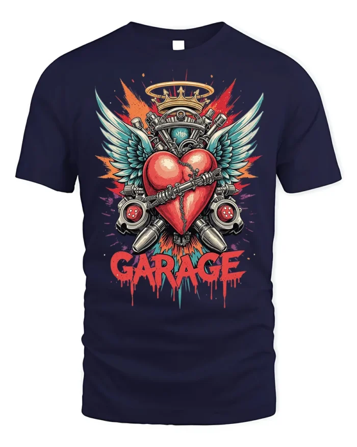 Garage Heart Wings Crown Engine Graphic T-shirt - navy t-shirt on white background