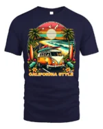 California Style Surf Van Sunset Graphic T-shirt - navy t-shirt on white background