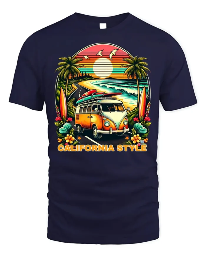 California Style Surf Van Sunset Graphic T-shirt - navy t-shirt on white background