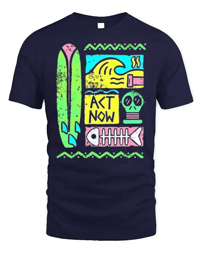 Retro Surf Act Now Graphic Ocean Style T-shirt - navy t-shirt on white background