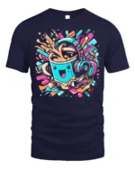Funky Coffee Cup Headphones Music Graphic T-shirt - navy t-shirt on white background