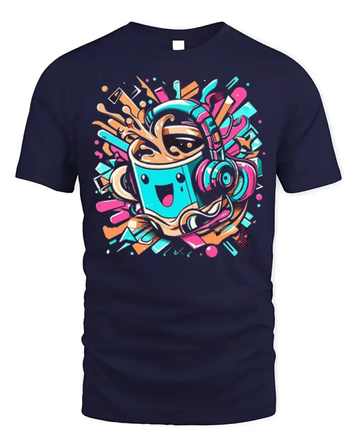 Funky Coffee Cup Headphones Music Graphic T-shirt - navy t-shirt on white background