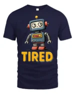 Funny Tired Robot Retro Cartoon Graphic T-shirt - navy t-shirt on white background