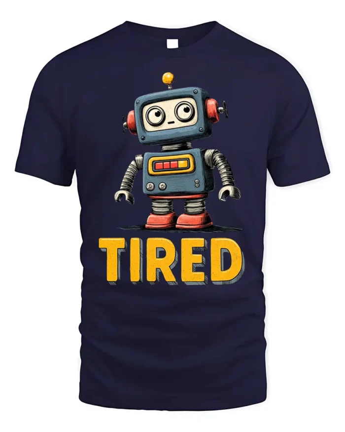 Funny Tired Robot Retro Cartoon Graphic T-shirt - navy t-shirt on white background