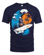 Skeleton Surfing Big Wave Sunset Graphic T-shirt - navy t-shirt on white background