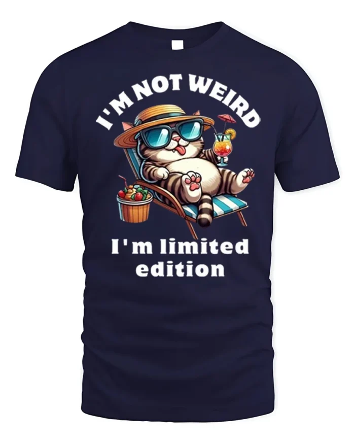 Funny Cat Not Weird Limited Edition T-shirt - navy t-shirt on white background