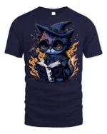 Mystical Wizard Cat Magic Book Graphic T-shirt - navy t-shirt on white background