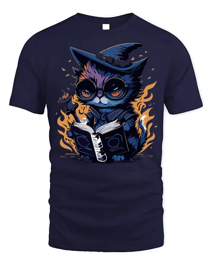 Mystical Wizard Cat Magic Book Graphic T-shirt - navy t-shirt on white background