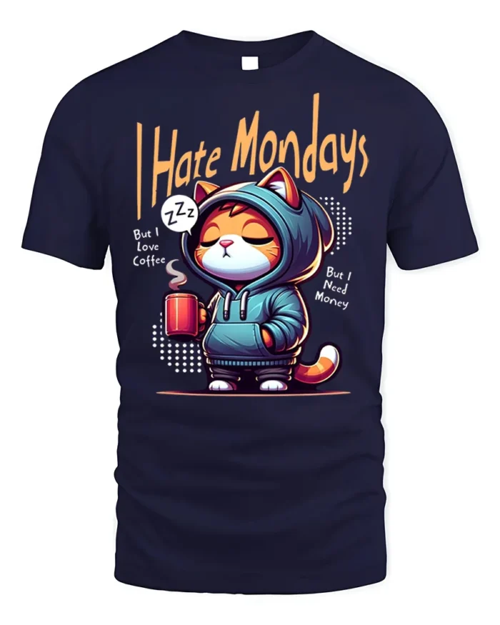 I Hate Mondays Funny Cat Coffee Graphic T-shirt - navy t-shirt on white background