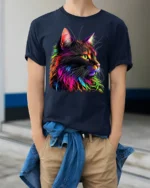 Neon Rainbow Cat Graphic Print T-shirt - model wearing navy shirt, hands in pockets
