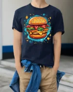 Juicy Burger Foodie Graphic Print Black T-shirt - model wearing navy shirt, hands in pockets