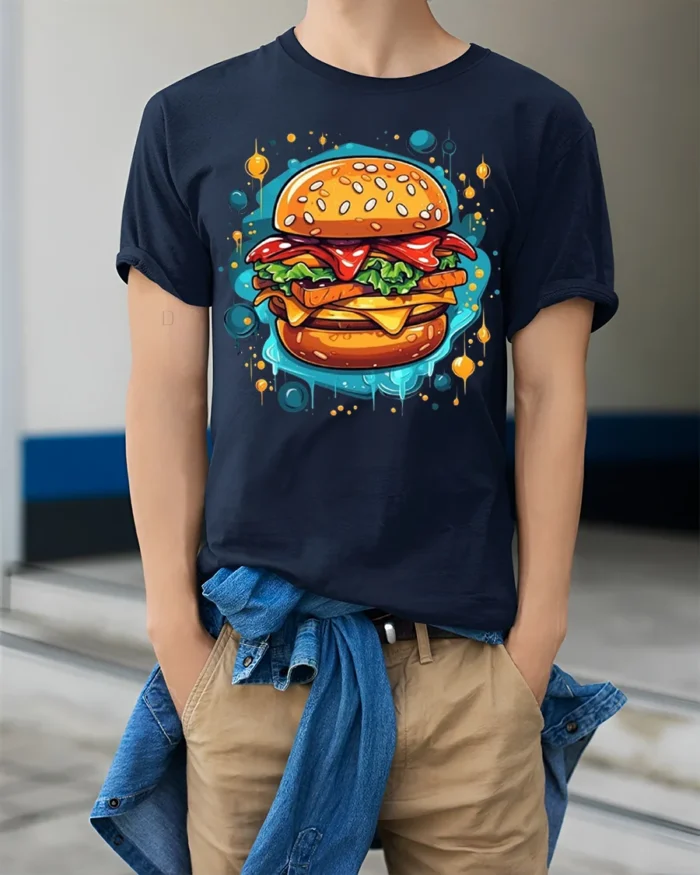 Juicy Burger Foodie Graphic Print Black T-shirt - model wearing navy shirt, hands in pockets