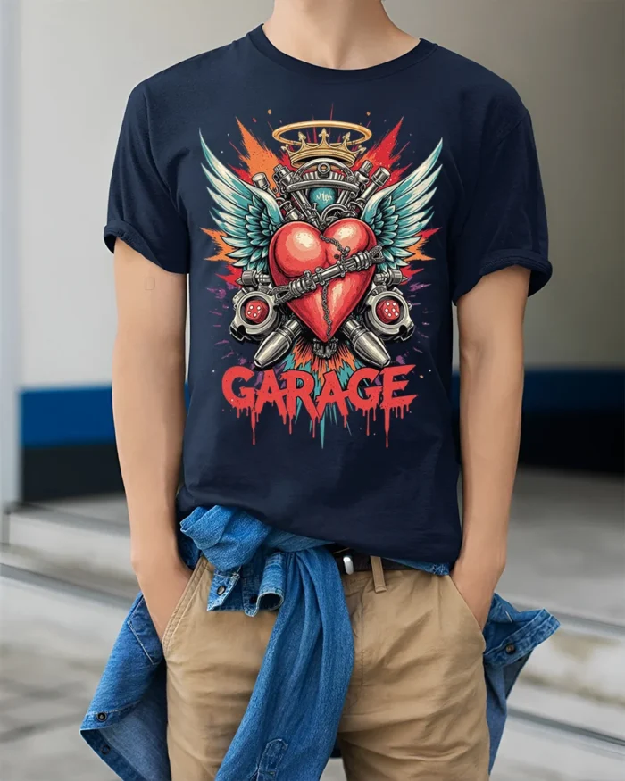Garage Heart Wings Crown Engine Graphic T-shirt - model wearing navy shirt, hands in pockets