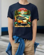 California Style Surf Van Sunset Graphic T-shirt - model wearing navy shirt, hands in pockets