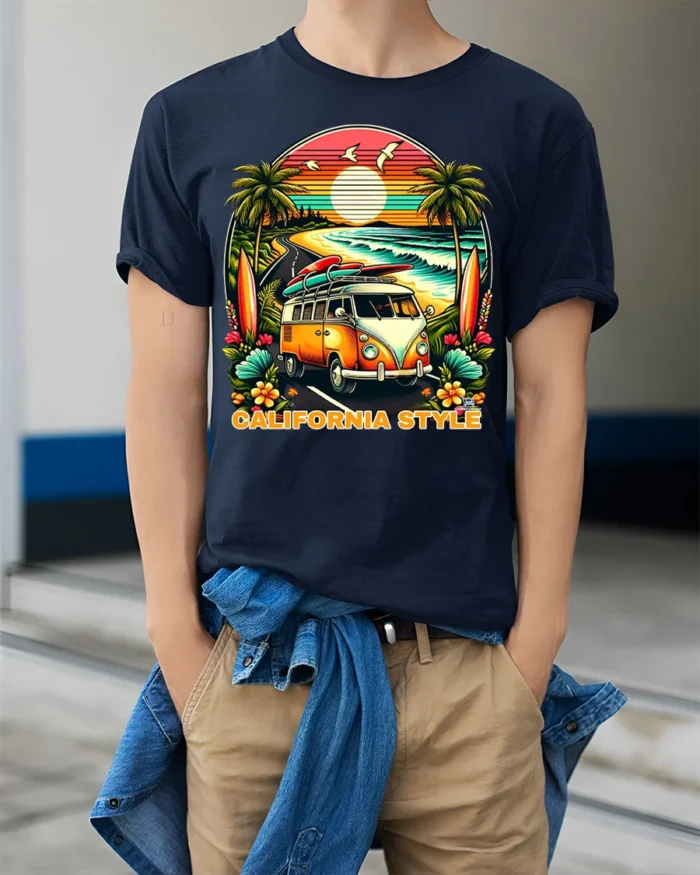 California Style Surf Van Sunset Graphic T-shirt - model wearing navy shirt, hands in pockets