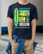 Retro Surf Act Now Graphic Ocean Style T-shirt - model wearing navy shirt, hands in pockets